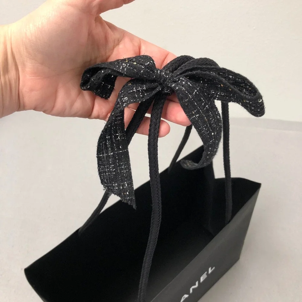 Chanel Gift Box Shopping Bag Gift Set 9.5x9.5x1 Black Logo Tweed Ribbon